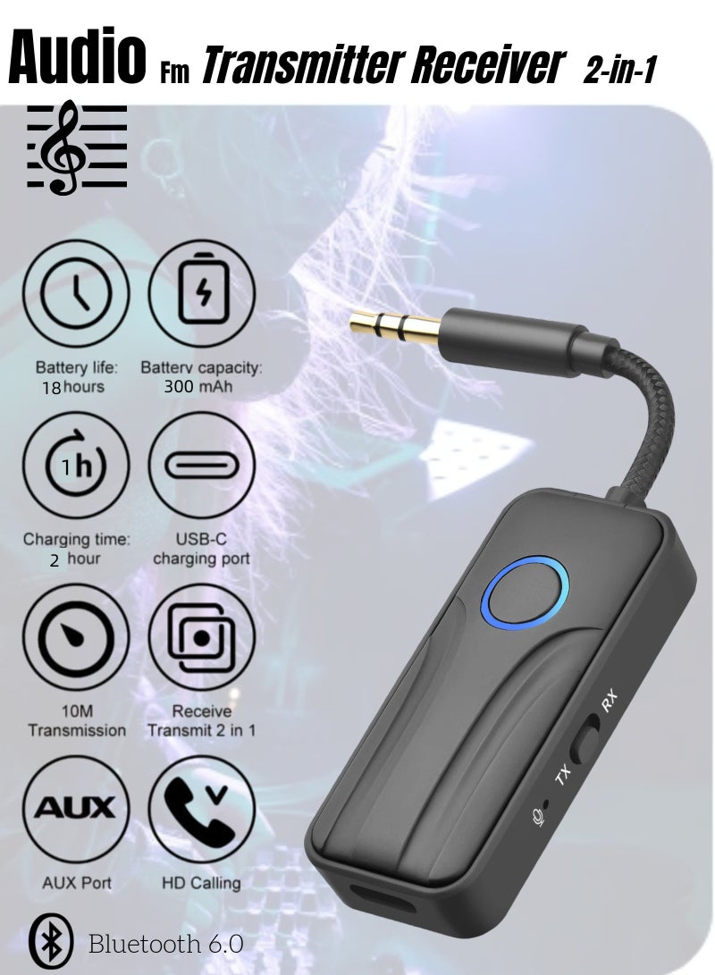  أورا سيليكت جهاز إرسال واستقبال صوت Bluetooth 6.0 بلوتوث 6.0 2 في 1، محول Aux مقاس 3.5 مم، وصلة مزدوجة، بطارية 18 ساعة، للتلفزيون/جهاز كمبيوتر شخصي/سيارة إلى سماعات رأس/مكبرات صوت لاسلكية - Image 1